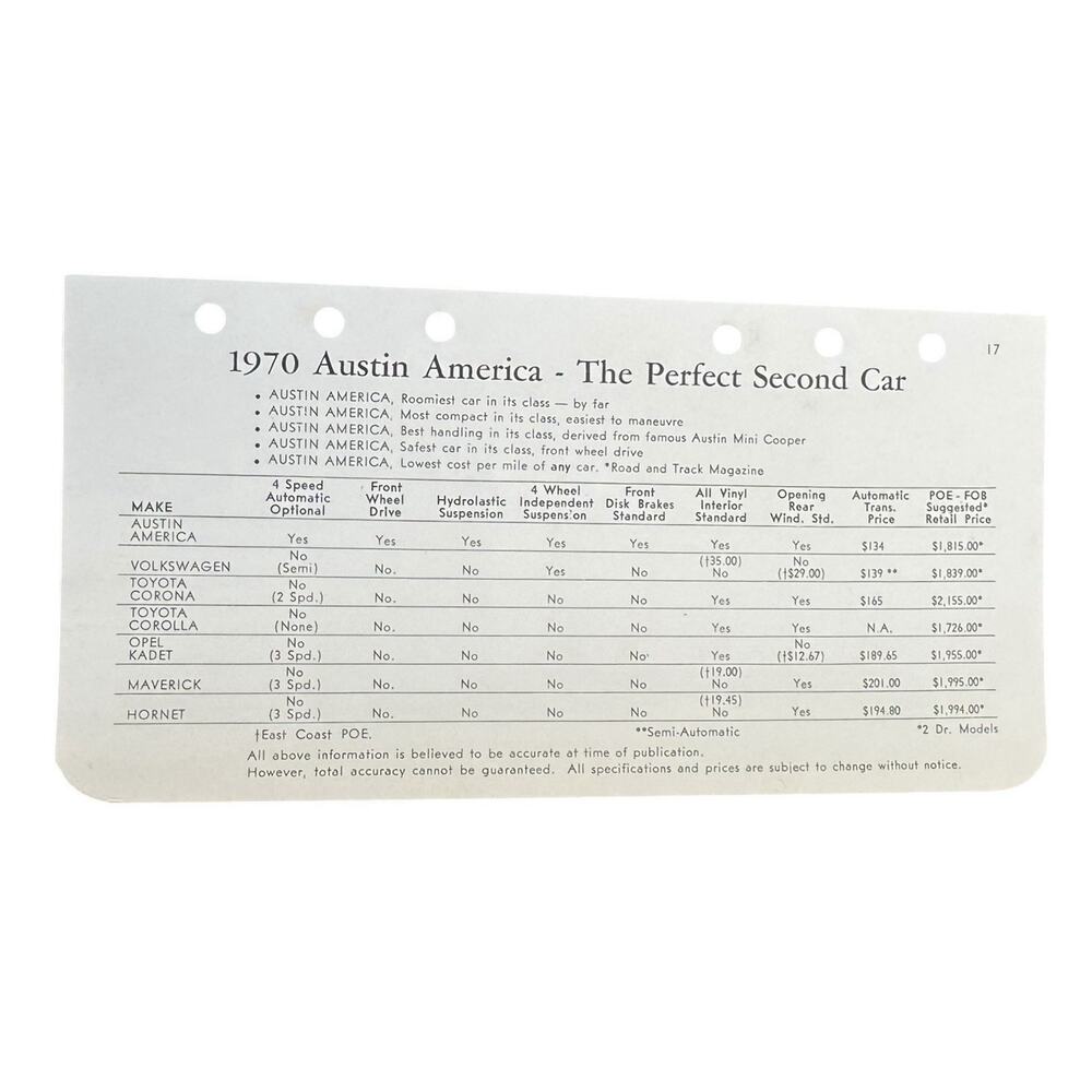 VTG 1970 Austin America Dealership Sales The Perfect 2nd Car British Leyland BMH